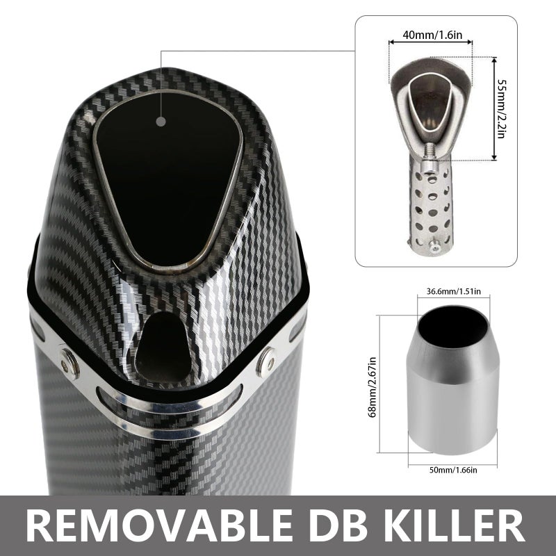 PACEWALKER Exhaust Muffler Carbon Fiber 1.5-2"Inlet with Removable DB Killer for Street/Sport Motorcycles and Scooters with 38-51mm Diameter Exhaust Pipes - Image 3